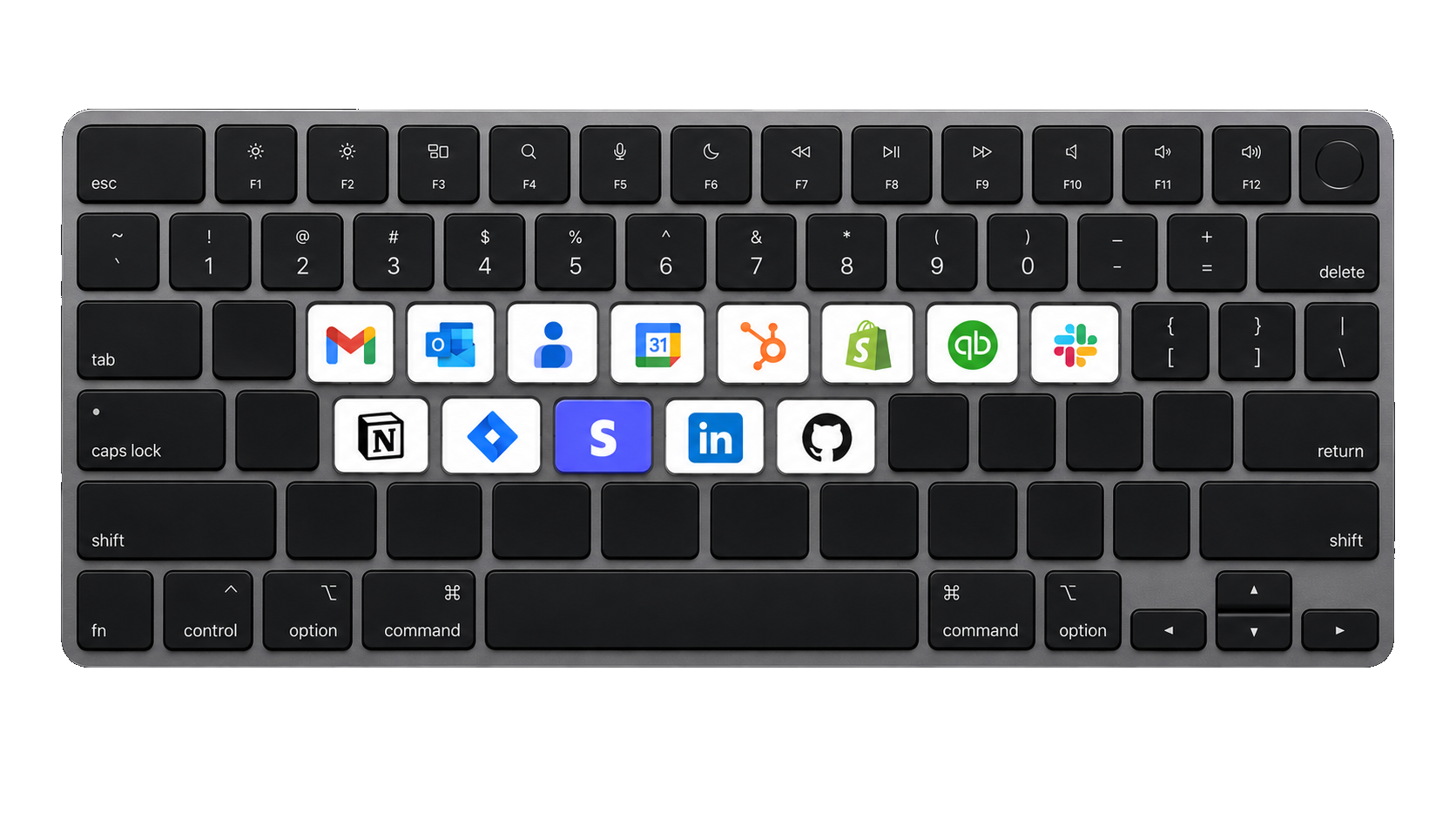 Keyboard with BOS. connectors including Gmail, Outlook, Google Contacts, Google Calendar, HubSpot, Shopify, QuickBooks, Slack, Notion, Jira, Stripe, LinkedIn, and GitHub